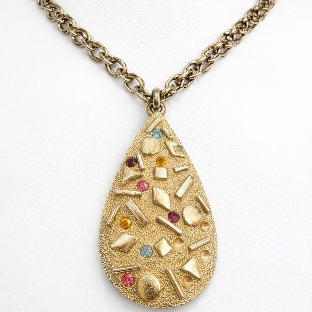 Vintage Sarah Coventry Gold Tone Statement Necklace Teardrop Pendant Rhinestone